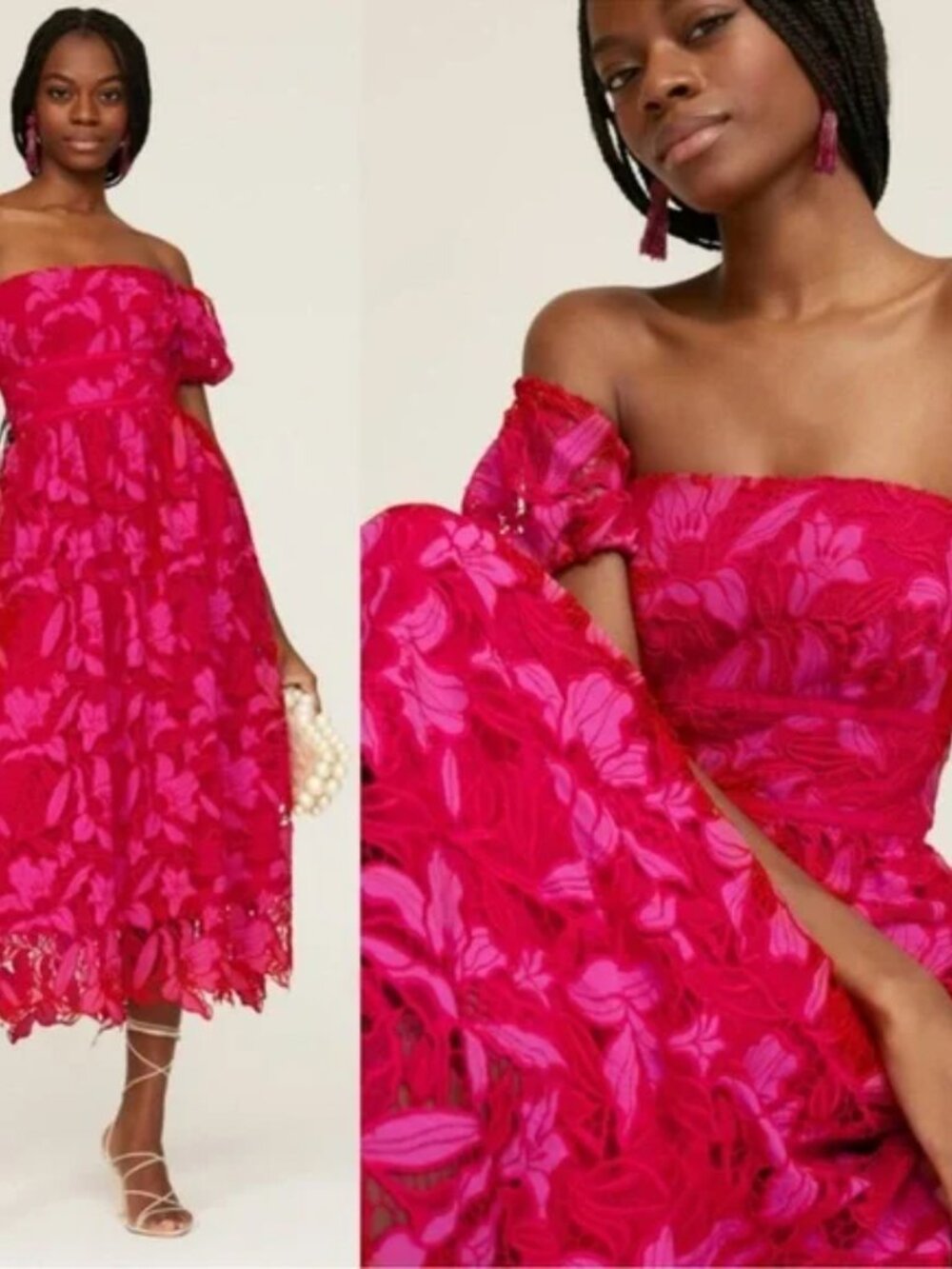 ML Monique Lhuillier Guipure Lace Off-Shoulder Midi Dress Stunning! $645 Sz 4